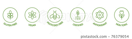 Natural cosmetic icons. Skincare logo. Pesticides free, vegan, bio, non toxic, certified labels. Beauty badges. GMO free emblems. Organic cosmetic line art stickers. Healthy food. Vector illustration 76379054