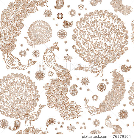 Peacock with henna elements seamless pattern Peacock with henna elements seamless pattern 76379104
