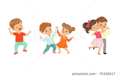 Little Boy and Girl Dancing in Pairs and Moving to Music Vector Illustration Set Little Boy and Girl Dancing in Pairs and Moving to Music Vector Illustration Set 76380817