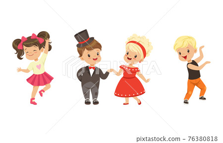 Little Boy and Girl Dancing in Pairs and Moving to Music Vector Illustration Set 76380818
