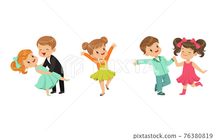 Little Boy and Girl Dancing in Pairs and Moving to Music Vector Illustration Set 76380819