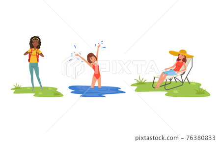 Young Woman Splashing in the Water and Hiking with Backpack Enjoying Camping Activity Vector Set Young Woman Splashing in the Water and Hiking with Backpack Enjoying Camping Activity Vector Set 76380833
