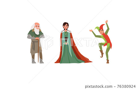 Medieval Characters Dressed Ancient Clothes Set, Majestic Queen, Old Poor Man, Jester Vector Illustration 76380924