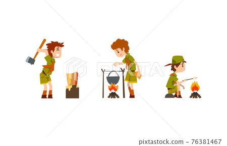 Scouting Boys Set, Boy Scouts Wearing Khaki - Stock Illustration