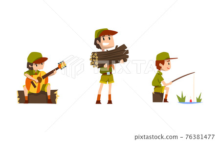 Scouting Boys Set, Boy Scouts Wearing Khaki - Stock Illustration