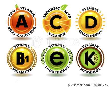 Creative concept vector set of A, B, C, D, E, K vitamin complex signs with cartoon sun symbol, realistic fruit icons, natural healthy food stamps, 3D colorful organic oil pills, chemical names Creative concept vector set of A, B, C, D, E, K vitamin complex signs with cartoon sun symbol, realistic fruit icons, natural healthy food stamps, 3D colorful organic oil pills, chemical names 76381747
