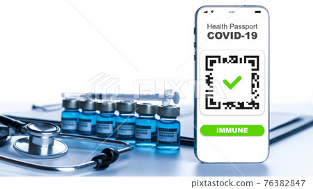 Health certificate. Medical equipment with Coronavirus vaccine certificate on phone screen, healthcare charts, syringe and doctor stethoscope on hospital white background. Digital passport concept. Health certificate. Medical equipment with Coronavirus vaccine certificate on phone screen, healthcare charts, syringe and doctor stethoscope on hospital white background. Digital passport concept. 76382847