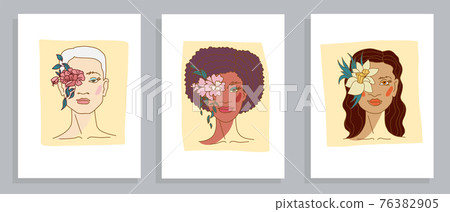 Set of abstract young women faces portraits with flowers in line style 76382905