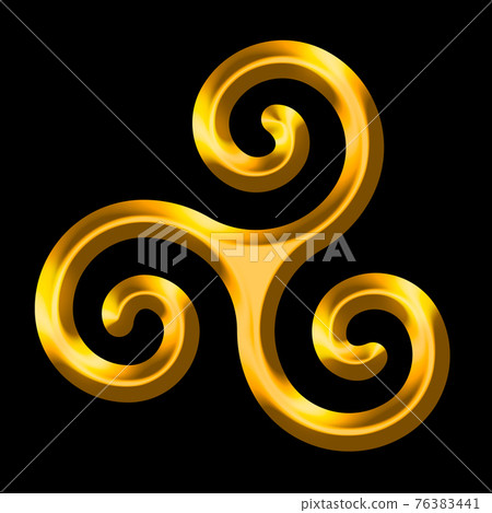 Golden triskele on black background. Triskelion, ancient symbol and motif consisting of a triple spiral, exhibiting rotational symmetry. Three-dimensional and gold colored sign, isolated illustration. 76383441