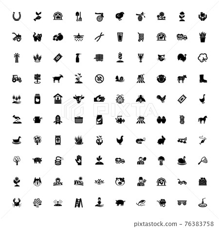 black farming 100 icon set Agriculture. Farming symbols. Isolated vector outline illustrations. 76383758