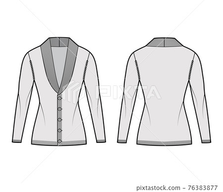 Cardigan Shawl collar Sweater technical fashion illustration with long sleeves, fitted body, knit trim, button closure Cardigan Shawl collar Sweater technical fashion illustration with long sleeves, fitted body, knit trim, button closure 76383877