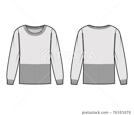 Waisted Sweater technical fashion illustration with rib round neck, long sleeves, fitted body, hip length, knit trim Waisted Sweater technical fashion illustration with rib round neck, long sleeves, fitted body, hip length, knit trim 76383878