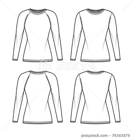 Set of crew neck Sweater technical fashion illustration with long raglan sleeves, slim fit, hip length, knit rib trim Set of crew neck Sweater technical fashion illustration with long raglan sleeves, slim fit, hip length, knit rib trim 76383879