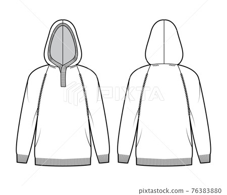Hooded Sweater technical fashion illustration with rib henley neck, long raglan sleeves, oversized, hip length, rib trim Hooded Sweater technical fashion illustration with rib henley neck, long raglan sleeves, oversized, hip length, rib trim 76383880