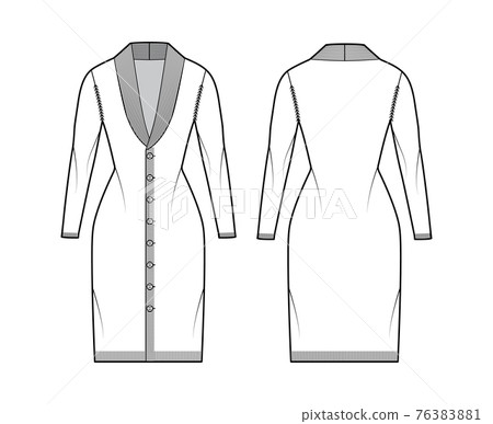 Cardigan dress Shawl collar Sweater technical fashion illustration with long sleeves, fitted body, knit trim, closure Cardigan dress Shawl collar Sweater technical fashion illustration with long sleeves, fitted body, knit trim, closure 76383881