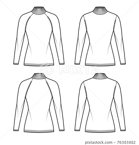 Set of Turtleneck Sweaters technical fashion illustration with long raglan sleeves, fitted body, hip length, knit trim Set of Turtleneck Sweaters technical fashion illustration with long raglan sleeves, fitted body, hip length, knit trim 76383882
