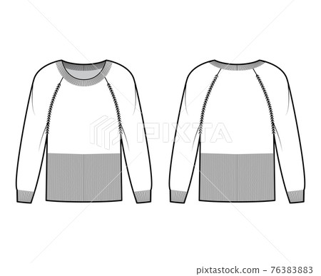 Waisted Sweater technical fashion illustration with rib round neck, long raglan sleeves, fitted body, hip length, trim Waisted Sweater technical fashion illustration with rib round neck, long raglan sleeves, fitted body, hip length, trim 76383883
