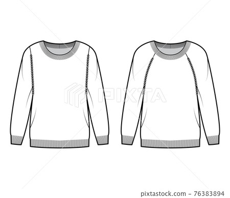 Set of Sweaters round neck technical fashion illustration with long raglan sleeves, oversized, hip length, rib cuff trim Set of Sweaters round neck technical fashion illustration with long raglan sleeves, oversized, hip length, rib cuff trim 76383894