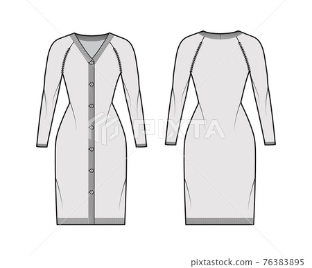 Cardigan dress Sweater technical fashion illustration with V- neck, long raglan sleeves, button closure, slim fit, trim 76383895