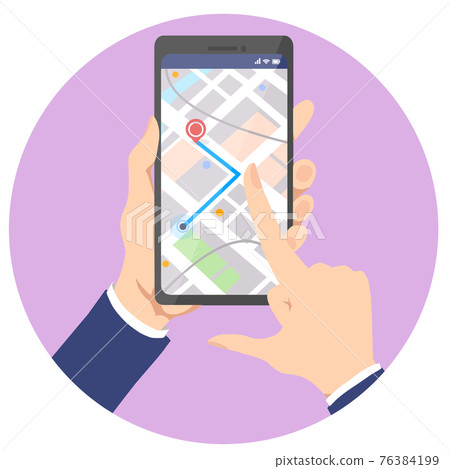 Smartphone map app screen (swipe male hand) 76384199