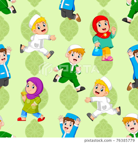The pattern of the children are playing with the muslim outfit The pattern of the children are playing with the muslim outfit 76385779