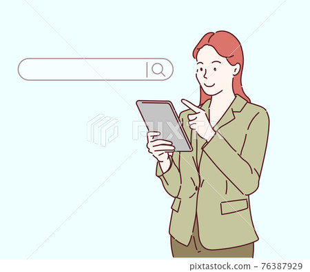 Business woman clicking internet search page on tablet touch screen. Searching internet data concept. Hand drawn in thin line style, vector illustrations. 76387929