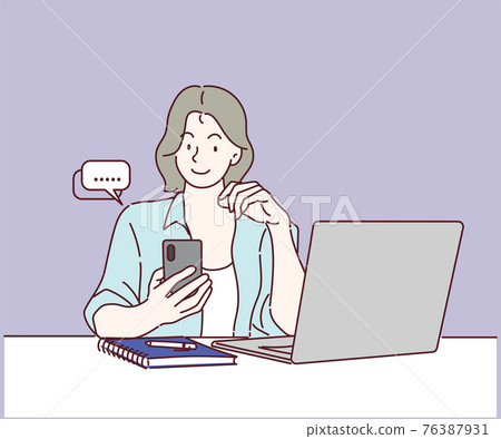 Woman is working on her laptop and chat on mobile. Work from home concept. Hand drawn in thin line style, vector illustrations. 76387931
