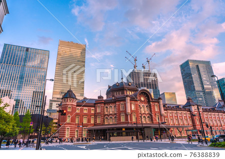 Tokyo cityscape of Japan overlooking the Marunouchi North Exit of Tokyo Station (in the back is a skyscraper redeveloped at the Yaesu Exit) = April 8 76388839