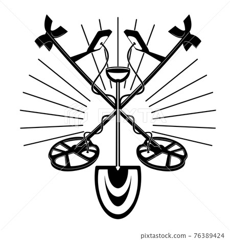 Vector silhouette logo of a treasure digger searching for ancient coins under the ground. Metal detector with shovel treasure hunt emblem Vector silhouette logo of a treasure digger searching for ancient coins under the ground. Metal detector with shovel treasure hunt emblem 76389424