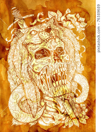 Textured styled illustration with scary skull, beast coat and sword. Mystic background for Halloween, esoteric, gothic, heavy metal or occult concept Textured styled illustration with scary skull, beast coat and sword. Mystic background for Halloween, esoteric, gothic, heavy metal or occult concept 76389689