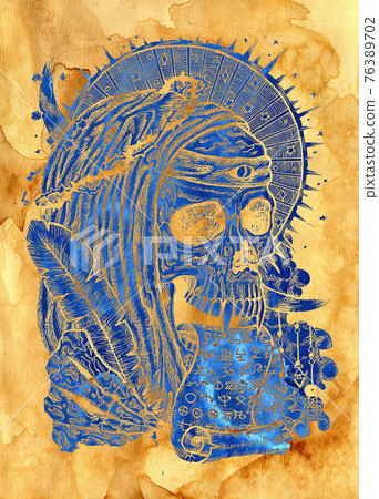 Textured styled illustration with human skull wearing crown of thorns, in monk cloak with manuscript and quill. Mystic background for Halloween, esoteric, gothic, heavy metal or occult concept 76389702