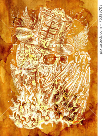 Textured styled illustration with skull wearing illusionist, magician or wizard hat with flame on cloak. Mystic background for Halloween, esoteric, gothic, heavy metal or occult concept 76389705