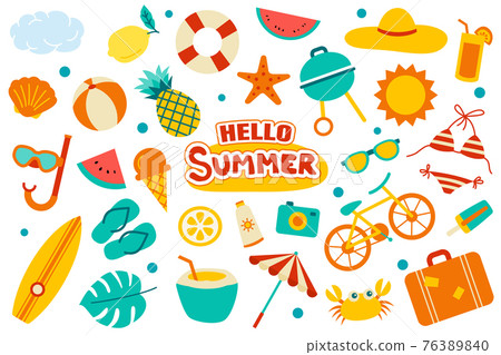 Hello summer collection set flat design on white background. Summer symbols and objects colorful. Hello summer collection set flat design on white background. Summer symbols and objects colorful. 76389840