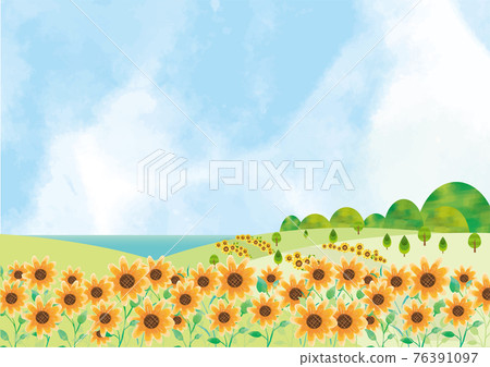 Summer background material: sunflower field and sea bathing hills, homecoming, summer vacation background 76391097