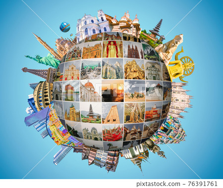 World religious and architecture monuments- collage or globe from different religions from Asia, Africa and Europe. 76391761