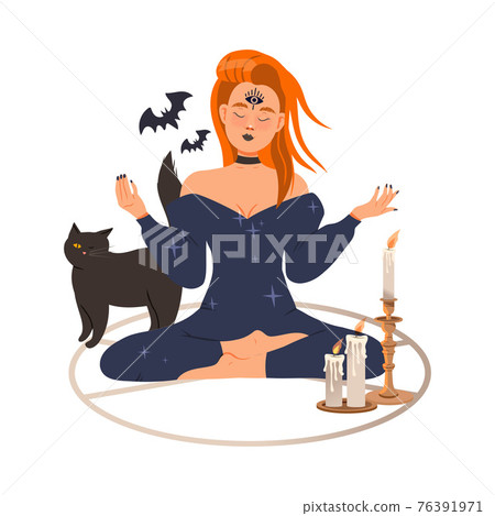 Redhead Woman as Fortune Teller or Psychic Sitting Cross Legged in Circle Predicting Future or Performing Occult Ritual Vector Illustration 76391971
