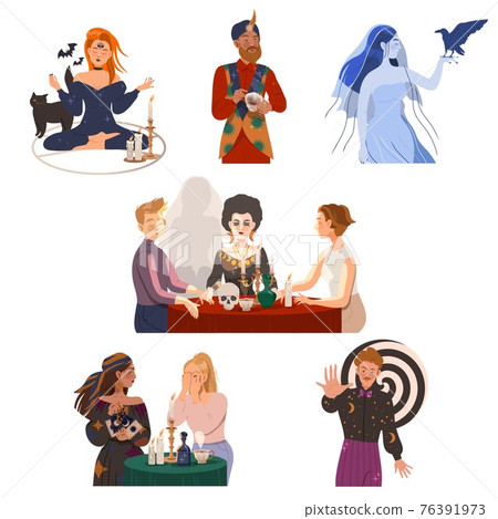 Man and Woman Fortune Teller, Psychic and Hypnotist Predicting Future and Performing Occult Ritual Vector Illustration Set 76391973