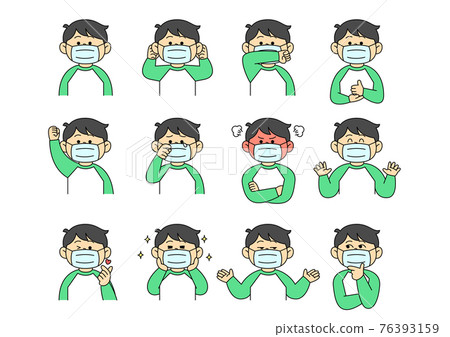 Asian boy character with various facial expressions and mask 76393159