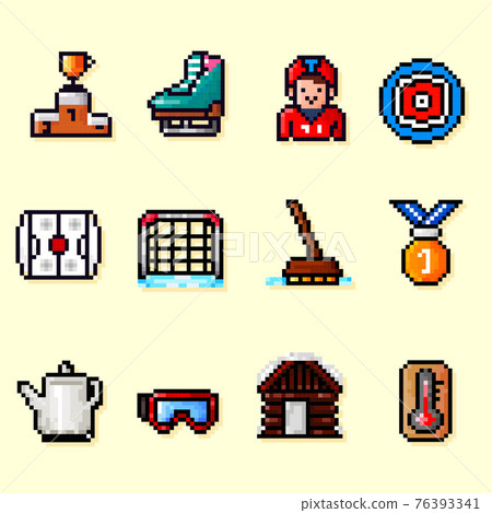 winter season and sports themed pixel art icon set 76393341
