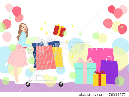 female with cart filled with gifts, sale promotion event themed illustration 76393372