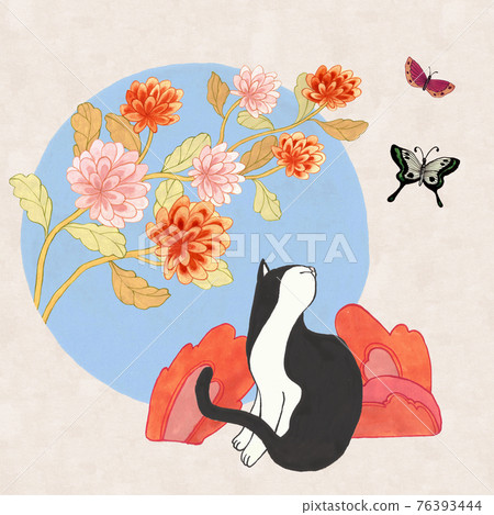 asian drawing with cat, butterfly and flowers asian drawing with cat, butterfly and flowers 76393444
