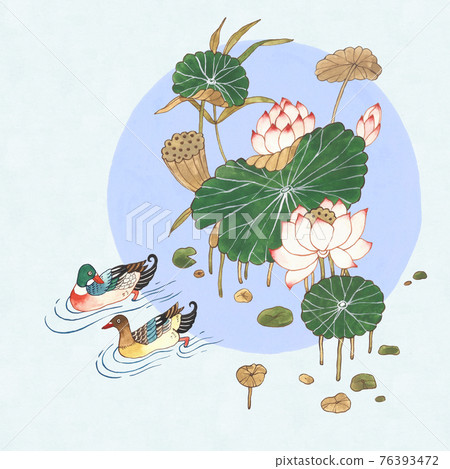 asian drawing with mandarin duck, lotus flowers 76393472
