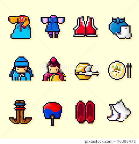 Korean New year pixel art icon set Korean New year pixel art icon set 76393478