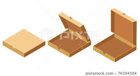 Pizza isometric open, closed cardboard boxes set, delivery. Package template, flat design. Vector 76394304