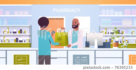 male doctor pharmacist giving medical cannabis package to african american client at pharmacy counter modern drugstore interior medicine healthcare concept horizontal portrait male doctor pharmacist giving medical cannabis package to african american client at pharmacy counter modern drugstore interior medicine healthcare concept horizontal portrait 76395233