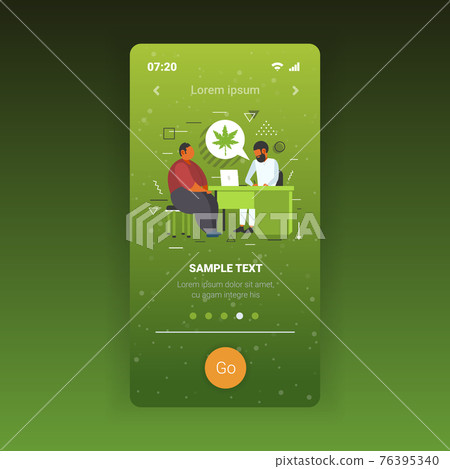 doctor offering medical marijuana to man patient cannabis for personal use legal drug consumption medicine concept smartphone screen mobile app copy space full length 76395340