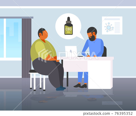 doctor offering medical marijuana hemp oil bottle to man patient cannabis for personal use legal drug consumption medicine concept modern hospital office interior horizontal full length 76395352