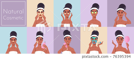 set young woman applying face mask dressed in towel african american girl cleaning and care her face skincare spa makeup facial treatment natural cosmetic concept portrait horizontal set young woman applying face mask dressed in towel african american girl cleaning and care her face skincare spa makeup facial treatment natural cosmetic concept portrait horizontal 76395394