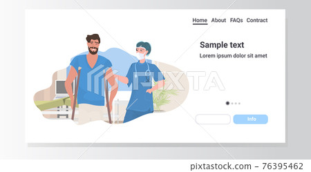 female doctor physical therapist helping male patient on crutches hospital clinic ward healthcare medicine concept portrait horizontal copy space 76395462