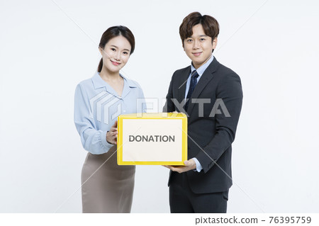 business, startup, people and teamwork concept with donation box business, startup, people and teamwork concept with donation box 76395759